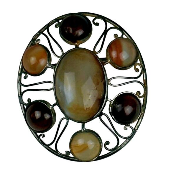 VTG Oval Multi-Color Agate Stones Cabochon Brooch Old C-Clasp Swirl Metalwork - Picture 1 of 5